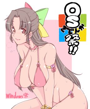 1girl 95-tan animal_ears bangle bikini blush bow bracelet breasts brown_eyes cleavage covered_erect_nipples earrings hair_bow highres jewelry long_hair looking_at_viewer multicolored_bow os-tan pink_background pink_bikini ruriwo_(ruriwo1894) side-tie_bikini_bottom simple_background solo sweat swimsuit very_long_hair
