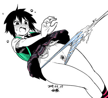 1girl assisted_exposure backpack bag black_hair black_socks blue_panties blush fang female_focus female_pubic_hair flat_chest frontal_wedgie full-face_blush marvel necktie open_mouth panties panty_pull peni_parker plaid_clothes plaid_skirt pleated_skirt pubic_hair pulling_another&#039;s_clothes pussy pussy_peek school_uniform short_hair short_sleeves silk skirt socks solo spider-man:_into_the_spider-verse spider-man_(series) spider-verse spider_web striped_clothes striped_panties striped_socks tsukudani_(coke-buta) uncensored underwear vest wedgie wide_hips