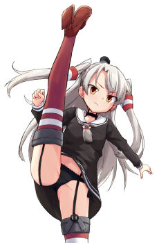 Rule 34 | 1girl, amatsukaze (kancolle), axe kick, black choker, black hat, black panties, boots, brown eyes, choker, clenched hand, closed mouth, commentary, cowboy shot, dress, frown, garter straps, grey neckerchief, hair tubes, hat, high heel boots, high heels, kakizaki (chou neji), kantai collection, kicking, leg up, long hair, long sleeves, looking at viewer, mini hat, neckerchief, panties, red boots, red thighhighs, sailor collar, sailor dress, short dress, silver hair, simple background, solo, split, standing, standing on one leg, standing split, thighhighs, two side up, underwear, white background, white sailor collar