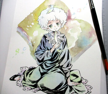 1girl afro agahari animal animal_on_head art_brush art_tools_in_frame bird bird_on_head black_pajamas black_shoes book closed_mouth commentary_request full_body green_eyes head_tilt holding holding_quill on_head open_book original paintbrush painting_(medium) pajamas photo_(medium) quill shoes short_hair sitting smile solo traditional_media white_hair yokozuwari