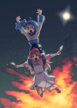 Rule 34 | 2girls, arms up, blue eyes, blue hair, blue shirt, blue skirt, blue thighhighs, bow, bowtie, carrying, casual, collared dress, cut bangs, dress, explosion, full moon, green eyes, hair bow, hair bun, highres, hirogaru sky! precure, holding, holding pen, jumping, legs up, long hair, long sleeves, medium hair, miniskirt, mirage pen, moon, multiple girls, night, nijigaoka mashiro, open mouth, outdoors, pen, pink dress, pink hair, pink shoes, pleated skirt, precure, rrr (movie), shirt, shoes, short dress, shoulder carry, side ponytail, single hair bun, single sidelock, skirt, smile, sneakers, sora harewataru, t-shirt, thighhighs, two-tone dress, two-tone shirt, ueyama michirou, white bow, white bowtie, white dress, white shirt, yellow bow, yellow shoes