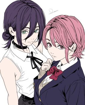 2girls black_choker black_hair black_ribbon chainsaw_man choker dandadan divadiva548447 green_eyes grenade_pin hair_between_eyes hair_bun multiple_girls neck_ribbon pink_eyes pink_hair pull_cord reze_(chainsaw_man) ribbon school_uniform shiratori_aira_(dandadan) shirt single_hair_bun sleeveless sleeveless_shirt