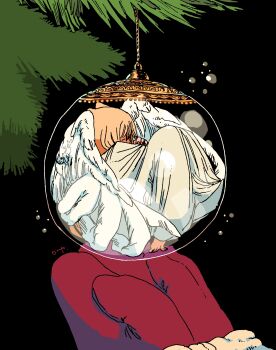1girl 1other absurdres angel_wings blonde_hair christmas christmas_tree commentary_request curled_up decorations dress highres in_container mini_person minigirl mittens omitasi original red_mittens solo_focus wings