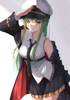 1girl absurdres arm_up azur_lane bare_shoulders black_coat black_necktie black_skirt breasts budgiepon c.c. closed_mouth coat coat_of_arms code_geass collared_shirt cosplay cowboy_shot enterprise_(azur_lane) enterprise_(azur_lane)_(cosplay) gold_trim green_hair hat highres leaning_forward long_hair long_sleeves looking_at_viewer loose_necktie medium_breasts military military_hat military_uniform miniskirt necktie open_clothes open_coat peaked_cap pleated_skirt salute shirt simple_background skirt sleeveless sleeveless_shirt solo standing straight_hair white_background white_hat white_shirt wing_collar yellow_eyes