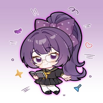 Rule 34 | 1girl, absurdres, alternate costume, black skirt, blunt bangs, book, bow, bowtie, chibi, chibi only, chinese commentary, closed mouth, commentary request, full body, glasses, gradient hair, hair between eyes, hair intakes, head tilt, high ponytail, highres, holding, holding book, honkai (series), honkai impact 3rd, light smile, looking at viewer, mei (honkai impact), multicolored hair, open book, ponytail, purple background, purple bow, purple bowtie, purple eyes, purple hair, school uniform, short sleeves, skirt, solo, striped clothes, striped thighhighs, thighhighs, wavy hair, yunzhongqi