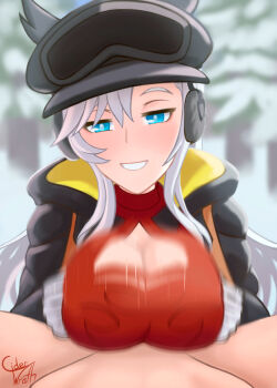 1boy 1girl black_jacket blue_eyes breasts ciderwrath cleavage_cutout clothing_cutout dragalia_lost ear_covers earmuffs forest gloves goggles goggles_on_head highres ilia_(dragalia_lost) ilia_(dragonyule)_(dragalia_lost) jacket large_breasts looking_at_viewer nature naughty_face open_clothes open_jacket open_mouth paizuri red_shirt shirt signature snow white_gloves white_hair