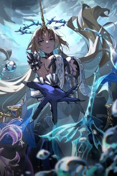 1girl absurdres black_dress blonde_hair blue_eyes breasts bubble commentary crown_of_thorns dress earrings erikvarts fleurdelys_(wuthering_waves) floating floating_earrings floating_hair floating_object floating_sword floating_weapon hair_floating_upwards highres horns jewelry large_breasts long_hair long_horns looking_at_viewer multiple_swords offering_hand parted_lips pointy_ears signature single_horn solo sword tabard tacet_mark_(wuthering_waves) underwater very_long_hair weapon white_tabard wuthering_waves yellow_horns