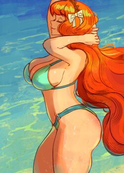 1girl absurdres aqua_bikini ass ass_freckles bikini body_freckles breasts closed_eyes freckles from_side highres ishmael_(project_moon) limbus_company long_hair medium_breasts orange_hair project_moon smile solo swimsuit taobaka water