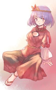 1girl black_skirt blue_hair blush commentary_request full_body gradient_background hair_ornament leaf_hair_ornament long_sleeves mirror one-hour_drawing_challenge parted_lips rangycrow red_background red_eyes red_shirt rope_belt sandals shirt short_hair sideways_glance skirt solo toenails toes touhou yasaka_kanako