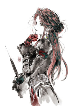 Rule 34 | 1girl, arm belt, beads, belt, belt buckle, black belt, black dress, black eyeshadow, black lips, blood sting's kiss (shining nikki), buckle, chinese commentary, clenched hand, closed mouth, commentary request, cowboy shot, cross, cross earrings, dress, earrings, expressionless, eyeshadow, frilled sleeves, frills, gloves, hair bun, hand on own chin, highres, holding, holding syringe, jewelry, juliet sleeves, layered dress, lipstick, long hair, long sidelocks, long sleeves, makeup, mascara, nikki (series), pale skin, pointy nose, puffy sleeves, red dress, red eyes, red gloves, red hair, sasora, shining nikki, sidelocks, signature, simple background, single hair bun, solo, standing, syringe, tinted eyewear, very long hair, white background