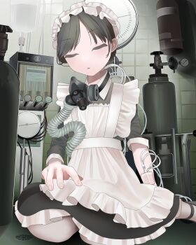 1girl apron black_hair closed_mouth dress fire_extinguisher frilled_apron frills highres indoors intravenous_drip maid_apron maid_headdress mask on_floor original pantyhose respirator sitting sleeve_pushed_up solo test_norma1 tile_wall tiles unworn_mask white_pantyhose yokozuwari
