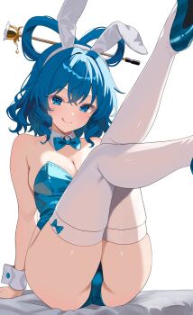 1girl :q absurdres animal_ears arm_support ass blue_eyes blue_hair blue_leotard blue_shoes blush breasts chisel cleavage closed_mouth commentary hair_ornament hair_rings hair_stick high_heels highres kaku_seiga legs legs_up leotard playboy_bunny rabbit_ears shoes short_hair simple_background smile solo thighhighs tillots tongue tongue_out touhou white_background white_thighhighs wrist_cuffs