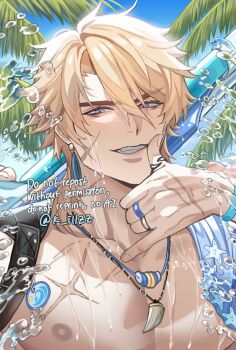 1boy abs blonde_hair genshin_impact grey_eyes holding holding_water_gun jewelry long_hair male_focus muscular muscular_male necklace nipples ring scar scar_on_chest scar_on_face smile solo teeth varka_(genshin_impact) water_gun zaire