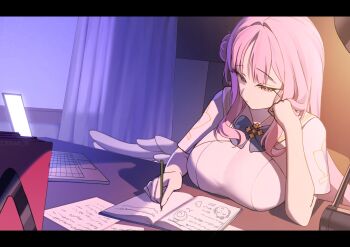 1girl angel_wings blue_archive breasts doodle_sensei_(blue_archive) feathered_wings hair_bun highres large_breasts linear_71 low_wings mika_(blue_archive) pink_hair sensei_(blue_archive) solo upper_body white_wings wings writing