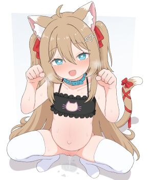 1girl absurdres ahoge alternate_costume animal_collar animal_ear_fluff animal_ears begging begging_for_sex black_bra blue_collar blue_eyes blush bottomless bra cat_cutout cat_ears cat_girl cat_tail clothing_cutout collar dripping excited excited_for_sex female_focus frilled_bra frills full_body hair_between_eyes hair_ornament hair_ribbon heart heart-shaped_pupils heart_hair_ornament highres indie_virtual_youtuber loli long_hair looking_at_viewer navel neuro-sama open_mouth paw_pose pregnant pregnant_loli pussy pussy_juice red_ribbon ribbon ribbon_tail simple_background solo squatting sweat symbol-shaped_pupils tail thighhighs tooteki two_side_up underwear vedal_ai virtual_youtuber white_background white_thighhighs