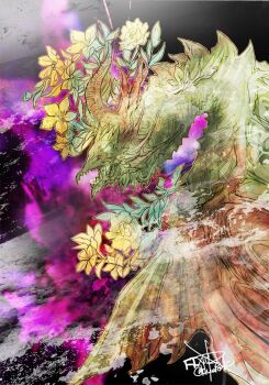 Rule 34 | brown horns, commentary, copyright name, dragon, final fantasy, final fantasy xiv, flower, horns, monster, monster focus, no humans, open mouth, red eyes, ruka (blueplus84), sharp teeth, teeth, tiamat (ff14), twitter username, western dragon