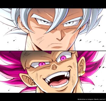 2girls black_border border close-up closed_mouth dragon_ball dragon_ball_super fangs grey_eyes grey_hair male_focus multiple_girls no_eyebrows open_mouth pedro_ronel purple_eyes purple_hair son_goku ultra_ego_(dragon_ball) ultra_instinct vegeta