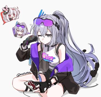 1girl chibi commentary_request controller drill_hair eyewear_on_head game_controller gauntlets goggles gradient_hair grey_eyes grey_hair honkai:_star_rail honkai_(series) jacket long_hair mm_(motot) multicolored_hair one_eye_closed open_clothes open_jacket ponytail silver_wolf_(honkai:_star_rail) single_gauntlet sitting sparkle_(honkai:_star_rail) sparxie_(honkai:_star_rail) strap turtleneck very_long_hair zipper