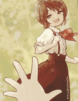 2girls :d aged_down amakura_mayu amakura_mio artist_name blurry blurry_background bow bowtie brown_eyes brown_hair brown_skirt clenched_hands collared_shirt commentary_request cowboy_shot dappled_sunlight day fatal_frame fatal_frame_ii:_crimson_butterfly female_pov green_background half-closed_eyes hands_up high-waist_skirt highres looking_at_viewer looking_back multiple_girls oisiso open_hand open_mouth outdoors pov pov_hands puffy_short_sleeves puffy_sleeves reaching reaching_towards_another red_bow red_bowtie shirt short_hair short_sleeves siblings sisters skirt smile solo_focus standing sunlight suspender_skirt suspenders teeth twitter_username upper_teeth_only white_shirt