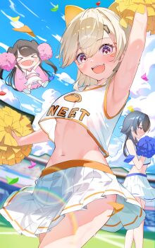 &gt;_&lt; 3girls :d absurdres arm_up armpits black_hair blonde_hair blue_hair blue_sky blush bow breasts brown_hair cheering cheerleader chibi clothes_lift clothes_writing cloud colored_inner_hair confetti crop_top crop_top_overhang day eriwo122525 facial_mark fang hair_bow hair_ornament hairclip highres holding holding_pom_poms ichinose_uruha jumping kaga_nazuna komori_met lens_flare long_hair looking_at_viewer medium_breasts midriff miniskirt multicolored_hair multiple_girls navel no_bra open_mouth outdoors pink_hair pleated_skirt pom_pom_(cheerleading) pom_poms purple_eyes see-through_silhouette shirt skirt skirt_lift sky sleeveless sleeveless_shirt smile stadium stomach streaked_hair sweat triangle triangle_facial_mark two-tone_hair two_side_up underboob very_long_hair virtual_youtuber vspo! white_skirt wind wind_lift wolf_cut yellow_bow