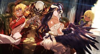 1boy 3girls ainz_ooal_gown albedo_(overlord) armchair aura_bella_fiora bad_link bird_wings black_hair blonde_hair chair cropped_legs crossed_arms crossed_legs curtains dark_skin demon_horns detached_collar dress dress_pants dutch_angle false_smile forced_smile gloves green_eyes hair_between_eyes heterochromia highres horns indoors lightning_glare long_hair looking_at_another mare_bello_fiore multiple_girls off-shoulder_dress off_shoulder official_art on_chair overlord_(maruyama) pillar pointy_ears purple_eyes red_shirt robe shirt short_hair sitting skeleton slit_pupils smile so-bin steepled_fingers sweat uneven_eyes v-shaped_eyebrows very_long_hair vest waistcoat wings yellow_eyes