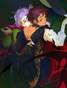 2girls amity_blight arm_around_waist black_dress bridal_gauntlets brown_hair cape couple dark-skinned_female dark_skin dress eyebrow_cut fangs hat holding holding_unworn_clothes holding_unworn_hat imminent_bite kuma20151225 lace-trimmed_sleeves lace_trim looking_at_viewer looking_back luz_noceda multiple_girls pointy_ears purple_hair the_owl_house unworn_hat unworn_headwear vampire witch_hat yuri