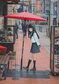 Rule 34 | 1girl, black hair, black socks, blue neckerchief, blue skirt, blunt bangs, blush, brick road, building, city, commentary request, fence, flower, from side, green sailor collar, grey shoes, hatsuyuki (kancolle), kantai collection, kneehighs, loafers, long hair, long sidelocks, long sleeves, looking at viewer, neckerchief, parasol, parted lips, photo background, plant, pleated skirt, potted plant, red eyes, road, sailor collar, sakiecho, school uniform, serafuku, shirt, shoes, sidelocks, sidewalk, skirt, socks, solo focus, street, turning head, umbrella, white shirt