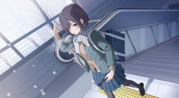 1girl bag black_pantyhose black_shoes blue_bag blue_skirt braid brown_eyes brown_sweater commentary_request foot_out_of_frame green_jacket green_scarf hair_ribbon hand_up highres holding holding_phone jacket kagemoe1003 long_sleeves looking_at_viewer multicolored_scarf open_clothes open_jacket open_mouth outdoors pantyhose phone project_sekai purple_hair ribbon scarf shinonome_ena shoes short_hair shoulder_bag side_braid skirt snow solo stairs striped_clothes striped_skirt sweater two-tone_scarf walking white_ribbon white_scarf