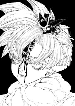 6+boys alternate_form black_background bleeding blood blood_drip blood_in_hair blood_on_face bug cape cell_(dragon_ball) cell_junior child close-up closed_mouth crack cracked_skull damaged darkness dougi dragon_ball dragonball_z empty_eyes expressionless eyelashes fangs from_front from_side frown greyscale guro hair_between_eyes half-closed_eyes head_tilt high_contrast highres horror_(theme) injury jitome lips looking_ahead looking_at_viewer looking_down looking_to_the_side male_focus monochrome multiple_boys obata2nd on_head open_mouth parted_bangs parted_lips perfect_cell pool_of_blood portrait short_hair simple_background skull smile solo_focus son_gohan spiked_hair spots super_saiyan teeth tsurime upper_body wings