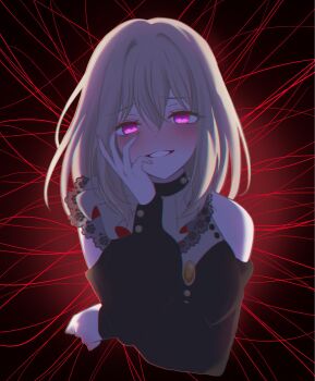 1girl bang_dream! bang_dream!_it's_mygo!!!!! blonde_hair blush clothing_cutout commentary doloris_(bang_dream!) english_commentary hair_between_eyes hand_on_own_face highres long_sleeves looking_at_viewer misumi_uika open_mouth ppora purple_eyes shoulder_cutout solo sophie_(bang_dream!) string string_of_fate upper_body yandere