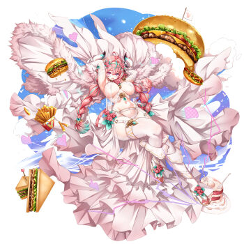 1girl aata1007 ahoge animal_ears aqua_hair arms_up bandaid bandaid_on_cheek bandaid_on_face bell bell_earrings blush braid breast_curtains breasts bridal_gauntlets burger cake cheese commentary cow_ears cow_girl cow_horns cow_tail cowbell earrings flower food french_fries full_body genshin_impact hair_flower hair_intakes hair_ornament hairband high_heels highres horns hot_dog jewelry large_breasts lettuce long_hair looking_at_viewer multicolored_hair multicolored_hairband navel open_mouth panties pink_eyes pink_flower pink_hair pink_hairband sandwich shoes simple_background single_earring solo stomach streaked_hair tail teeth thighs twin_braids twintails two-tone_hair underwear varesa_(genshin_impact) white_background white_hairband white_horns white_panties white_shoes