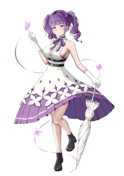 1girl absurdres akira1954604 ankle_boots black_shoes blunt_bangs blush boots bow bowtie breasts bug butterfly closed_mouth closed_umbrella commentary_request dress elbow_gloves flora_(nikke) gloves goddess_of_victory:_nikke highres insect large_breasts light_smile long_hair looking_at_viewer purple_butterfly purple_eyes purple_hair shoes sideboob simple_background solo standing standing_on_one_leg twintails umbrella wavy_hair white_background white_dress white_gloves white_umbrella