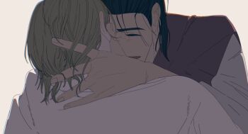 2boys 6jvl1 badeni black_hair blonde_hair brown_vest chi.:_chikyuu_no_undou_ni_tsuite closed_mouth hand_in_another&#039;s_hair hand_on_another&#039;s_neck highres light_blush male_focus medium_hair multiple_boys oczy open_mouth shirt smile upper_body vest white_background white_shirt yaoi