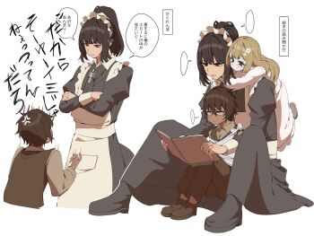 ... 1boy 2girls anger_vein apron black_dress black_hair book brown_eyes brown_hair catherine_(project_moon) child closed_mouth crossed_arms dark-skinned_male dark_skin dress flower flying_sweatdrops hair_flower hair_ornament heathcliff_(project_moon) heiya_desu highres holding holding_book hug hug_from_behind juliet_sleeves limbus_company long_hair long_sleeves maid maid_apron maid_headdress multiple_girls open_mouth ponytail project_moon puffy_sleeves reading red_eyes ryoshu_(project_moon) short_hair simple_background sitting sitting_between_lap smile speech_bubble spoken_ellipsis translation_request white_apron white_background white_dress wuthering_heights_(identity)_(project_moon)