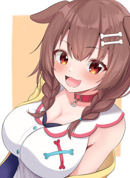 1girl absurdres animal_collar animal_ears blush bone_hair_ornament border braid breasts brown_hair cleavage collar commentary_request dog_ears dog_girl dog_tail fang hair_ornament highres hololive inugami_korone large_breasts long_hair looking_at_viewer open_mouth orange_background outside_border ramkilog red_collar red_eyes shirt sleeveless sleeveless_shirt smile solo tail twin_braids upper_body virtual_youtuber white_border white_shirt