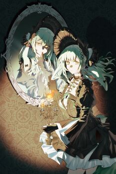 2girls absurdres animal_ears bang_dream! bang_dream!_it's_mygo!!!!! black_bonnet black_dress black_gloves bonnet candle candlestand chinese_commentary closed_mouth commentary_request cowboy_shot dark_room different_reflection dress dual_persona finger_to_mouth fire floating_hair floppy_ears gloves gothic_lolita green_hair hair_ornament highres holding holding_candlestand indoors juliet_sleeves lolita_fashion long_hair long_sleeves looking_at_viewer looking_back mirror mortis_(bang_dream!) mortis_(persona)_(bang_dream!) muiro_transparent multiple_girls puffy_sleeves rabbit_ears rabbit_girl reflection shushing sidelocks standing wakaba_mutsumi wakaba_mutsumi_(marionette's_id) x_hair_ornament yellow_eyes