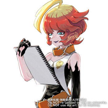 Rule 34 | 1girl, ahoge, belt, black gloves, closed mouth, collar, colored eyelashes, eyelashes, freckles, gloves, green eyes, haraya, jewelry, looking down, mela (pokemon), mixed-language commentary, multicolored hair, nintendo, orange belt, orange collar, pokemon, pokemon sv, red hair, ring, signature, simple background, sketchbook, smile, solo, two-tone hair, vest, watermark, white background, white vest