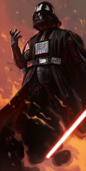 1boy absurdres armor black_cape black_gloves black_helmet cape darth_vader david_otalora energy_sword fire gloves helmet highres lightsaber red_lightsaber solo star_wars sword weapon