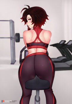 1girl ass ass_focus back bare_shoulders black_hair bluefield blush exercising exercise_bike from_behind gradient_hair gym highres leggings lips looking_at_viewer looking_back multicolored_hair pants red_hair ruby_rose rwby short_hair sitting smile solo sports_bra sweat thighs two-tone_hair
