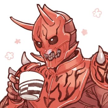 Rule 34 | 1boy, armor, commentary request, cup, demon, holding, holding cup, horns, kamen rider, kamen rider den-o (series), male focus, momotaros, noky03, red armor, sharp teeth, simple background, solo, teeth, upper body, white background