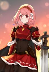 Rule 34 | 1girl, armor, bodystocking, braid, cape, covered navel, crop top, fire emblem, fire emblem engage, grey hairband, hairband, highres, holding, holding sword, holding weapon, lapis (fire emblem), nintendo, otokajife, pink eyes, pink hair, red armor, red cape, red hairband, red skirt, ribbon, side braid, skirt, sword, two-tone hairband, weapon, white ribbon
