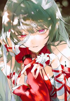 1girl absurdres bandaged_arm bandages bare_shoulders breasts commentary detached_sleeves fingernails grey_eyes grey_hair hand_on_own_face heterochromia highres long_hair looking_at_viewer loose_bandages nail_polish okoge_(koge_chan) parted_lips phrolova_(wuthering_waves) red_eyes red_nails red_pupils revision single_detached_sleeve small_breasts smile solo tacet_mark_(wuthering_waves) upper_body wuthering_waves