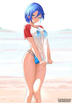 1girl aqua_(kingdom_hearts) artist_name beach bikini blue_bikini blue_eyes blue_hair blush commentary commission english_commentary highres kingdom_hearts kingdom_hearts_birth_by_sleep looking_at_viewer mountainous_horizon ocean outdoors parted_lips raglan_sleeves red_shirt sand see-through_clothes see-through_shirt see-through_silhouette shirt shirt_tug short_hair signature skindentation sky solo standing string_bikini swimsuit two-tone_shirt vgen_commission water wet wet_clothes wet_shirt white_shirt white_sky zelisdezain
