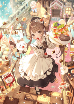 Rule 34 | 1girl, :o, absurdres, amai melo, apron, arrow (symbol), black dress, black hat, black shoes, blunt bangs, blush, bow, bowtie, brown bow, brown bowtie, brown eyes, brown hair, cake, candy, checkerboard cookie, cherry hair ornament, chocolate cornet, collared shirt, commentary request, cookie, cream, cup, donut, dress, drinking straw, food, food-themed hair ornament, fruit, full body, hair ornament, hair rings, hat, highres, holding, holding food, holding fruit, holding plate, jar, knife, lollipop, long hair, long sleeves, maid, marshmallow, mary janes, medium dress, open mouth, original, plate, rabbit, saucer, shirt, shoes, socks, solo, standing, star (symbol), strawberry, striped sleeves, sweets house, swirl lollipop, tea, teacup, teapot, twintails, waist apron, white apron, white shirt, white socks, wrapped candy