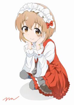 1girl aayh blush bow brown_eyes brown_hair closed_mouth commentary_request dress frilled_dress frilled_hairband frills full_body grey_pantyhose hair_between_eyes hairband hands_on_own_face hands_up idolmaster idolmaster_cinderella_girls koga_koharu layered_sleeves long_sleeves looking_at_viewer pantyhose puffy_long_sleeves puffy_sleeves red_bow red_dress shadow shirt signature simple_background smile solo squatting white_background white_hairband white_shirt