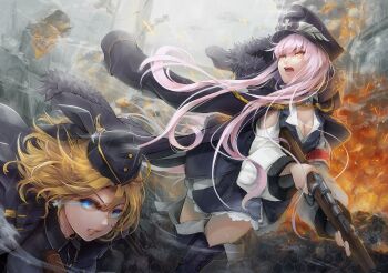 2girls a.tong armband bare_shoulders battle black_boots black_bow black_coat black_hat black_shirt black_skirt blonde_hair blue_eyes boots bow cellphone city clenched_teeth clothing_cutout cloud cloudy_sky coat coat_on_shoulders collared_shirt cowboy_shot cross cross_print day debris embers explosion eyelashes floating_clothes floating_hair fur-trimmed_hood fur_trim g43_(girls&#039;_frontline) girls&#039;_frontline glowing glowing_eye gun hair_over_shoulder hat hat_bow holding holding_gun holding_weapon hood hood_down hooded_coat kar98k_(girls&#039;_frontline) lace lace-trimmed_skirt lace_trim layered_skirt lips long_hair long_sleeves looking_to_the_side military_hat military_uniform mini_hat miniskirt multiple_girls open_mouth outdoors peaked_cap phone pink_eyes pink_hair pink_lips puffy_long_sleeves puffy_sleeves red_armband ruins shirt short_hair shotgun shoulder_cutout skirt sky smoke teeth thigh_boots upper_body very_long_hair war wavy_hair weapon white_shirt white_skirt wing_print