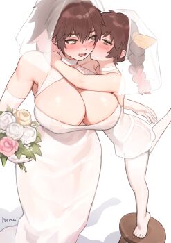 1futa 1girl absurdres age_difference ass blush braid breasts bridal_veil bride brown_eyes brown_hair bulge cleavage clothes commentary dress english_commentary fawn_(norza) femdom futa_with_female futanari garter_straps height_difference highres huge_breasts incest kiss kissing_cheek loli lolidom norza older_female_and_younger_female onee-loli original scarlet_(norza) see-through_clothes siblings sisters size_difference stool thighhighs veil wedding_dress wife_and_wife