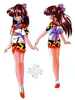 Rule 34 | 1990s (style), 1girl, back, back bow, bow, brown hair, footwear bell, full body, green eyes, hair bow, highres, long hair, looking at viewer, multiple views, non-web source, red shoes, retro artstyle, shoes, short sleeves, simple background, standing, suzuki noritaka, turnaround, uchuu kaitou funny bee, white background