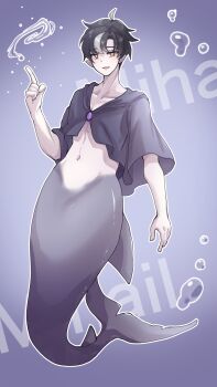 1boy air_bubble black_hair bubble character_name collarbone fins groin hair_between_eyes highres hydrokinesis komena_(shinyday312) looking_at_viewer male_focus merman monster_boy multicolored_hair navel open_mouth original pectoral_cleavage pectorals pointing pointy_ears purple_background shark_boy solo two-tone_hair water white_hair yellow_eyes