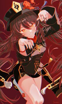 1girl absurdres artist_name bead_bracelet beads black_hat black_nails bracelet brown_hair chinese_clothes commentary english_commentary floating_hair flower flower-shaped_pupils genshin_impact ghost_pose gradient_hair grin hat highres hu_tao_(genshin_impact) jewelry leg_up long_hair multicolored_hair multiple_rings nail_polish plum_blossoms porkpie_hat red_background red_eyes red_shirt ring shirt shoes short_shorts shorts simple_background smile socks solo standing standing_on_one_leg suumii symbol-shaped_pupils tailcoat tassel thighs white_socks